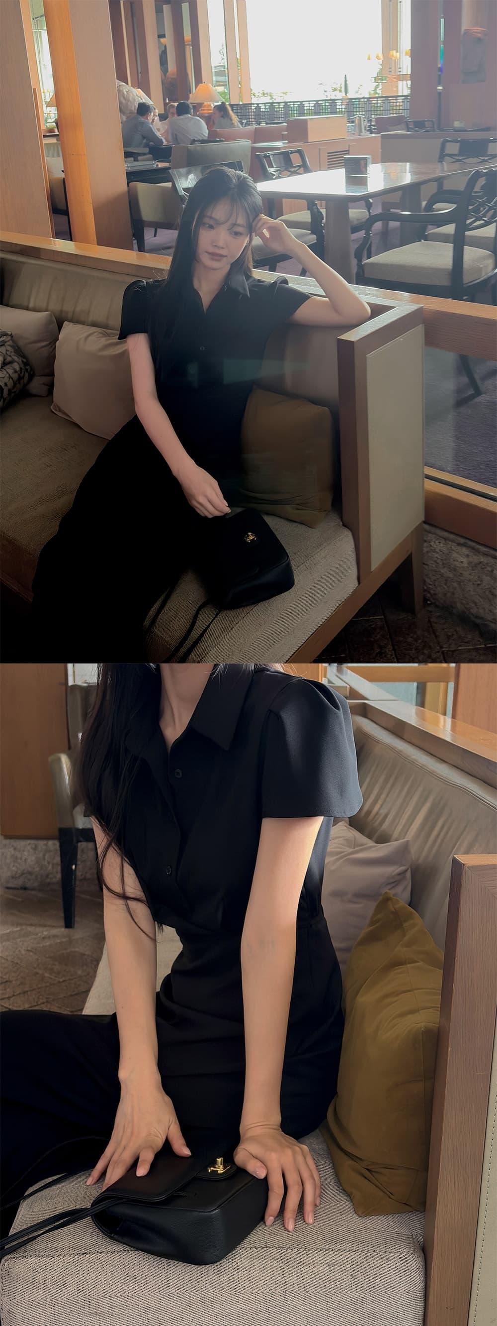 chic 한 부서 여름 프랑스식 레트로 우아함 품격 폴로 칼라 거품 소매 레이스업 허리 수축 셔츠 드레스 드레스 상세 이미지 6