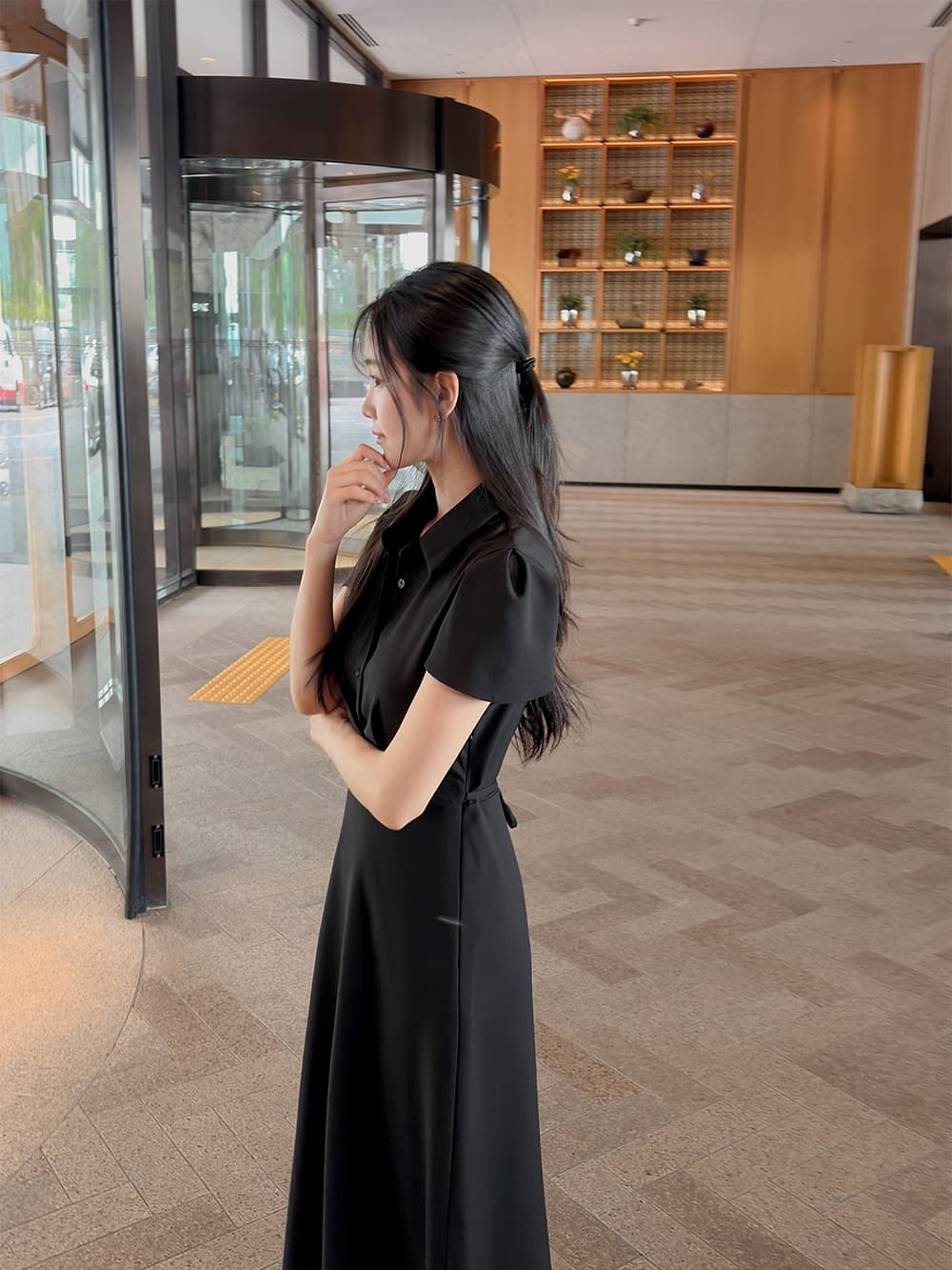 chic 한 부서 여름 프랑스식 레트로 우아함 품격 폴로 칼라 거품 소매 레이스업 허리 수축 셔츠 드레스 드레스 상세 이미지 8