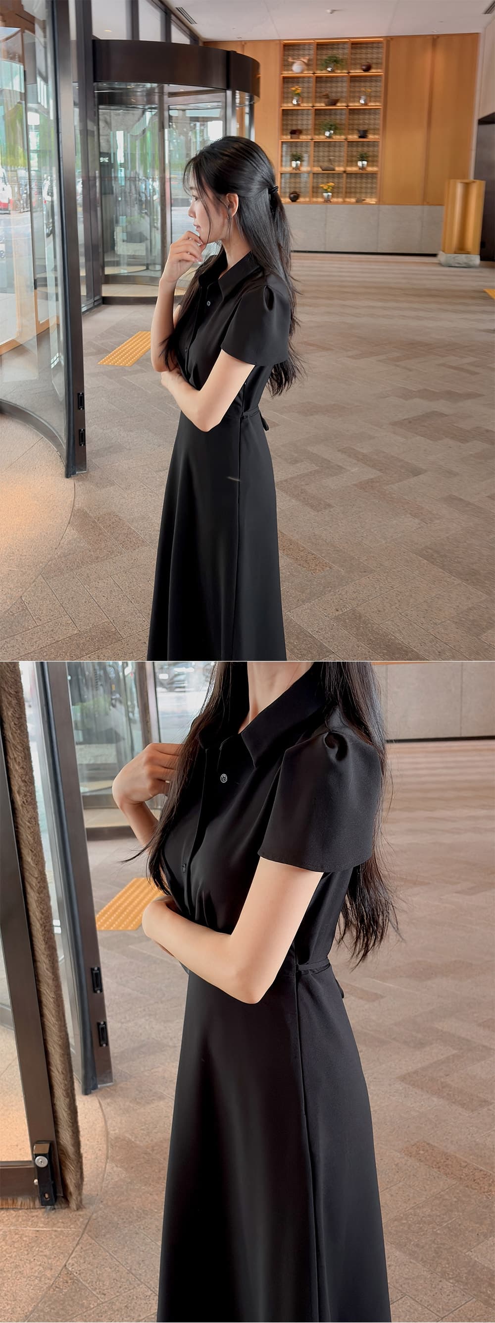 chic 한 부서 여름 프랑스식 레트로 우아함 품격 폴로 칼라 거품 소매 레이스업 허리 수축 셔츠 드레스 드레스 상세 이미지 9