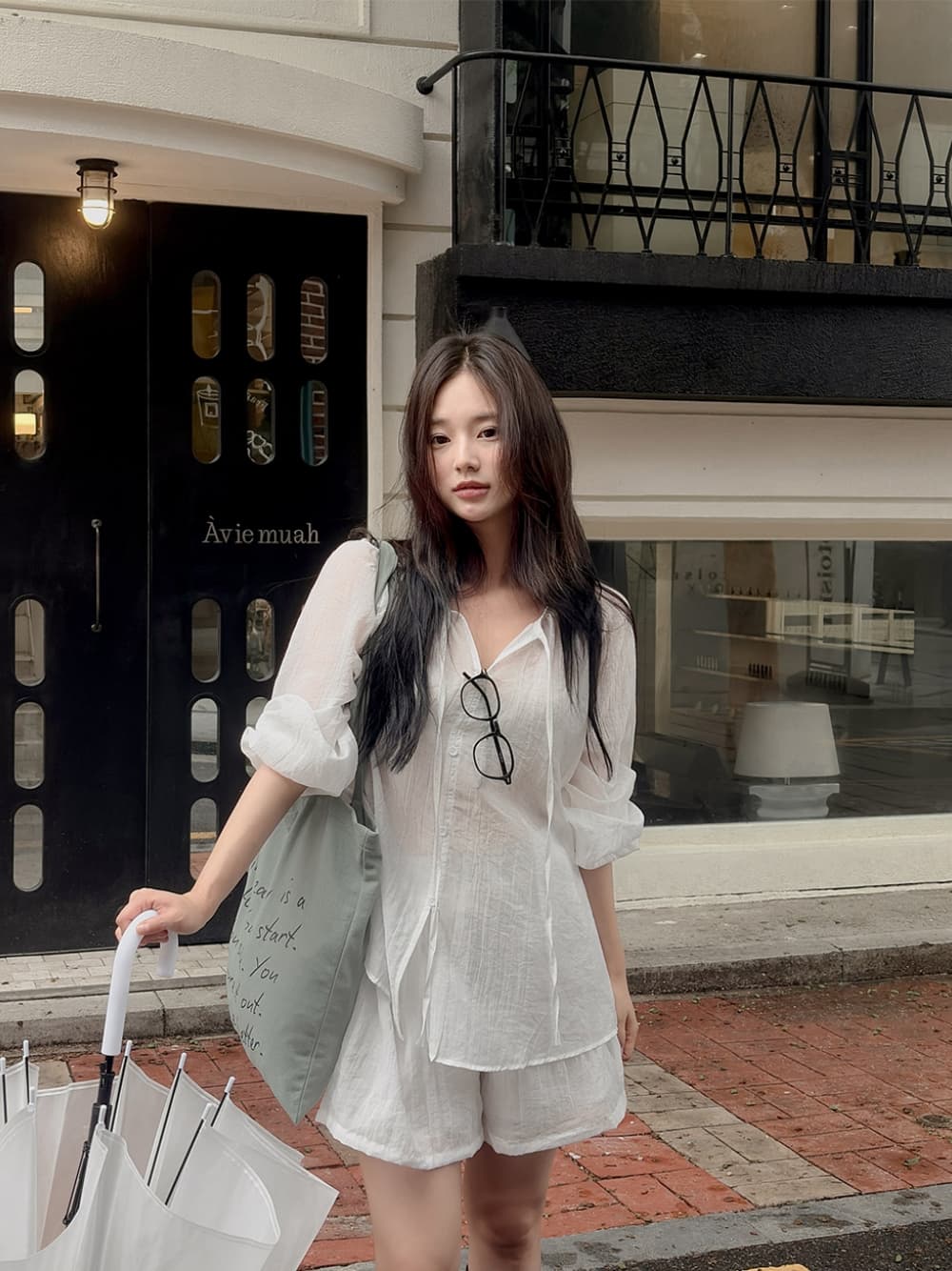 chic 한 부서 이른 가을 프랑스식 캐주얼 느긋한 긴팔 셔츠 맨위 패션 미니멀리즘 반바지 세트 투피스 세트 이미지 2