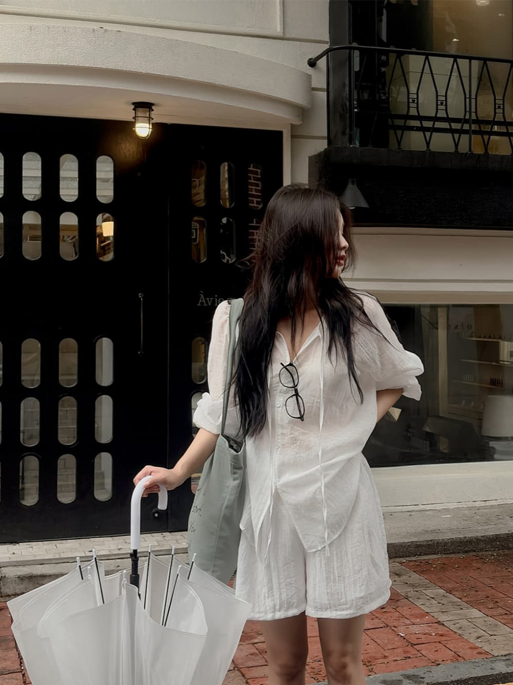 chic 한 부서 이른 가을 프랑스식 캐주얼 느긋한 긴팔 셔츠 맨위 패션 미니멀리즘 반바지 세트 투피스 세트 상세 이미지 7