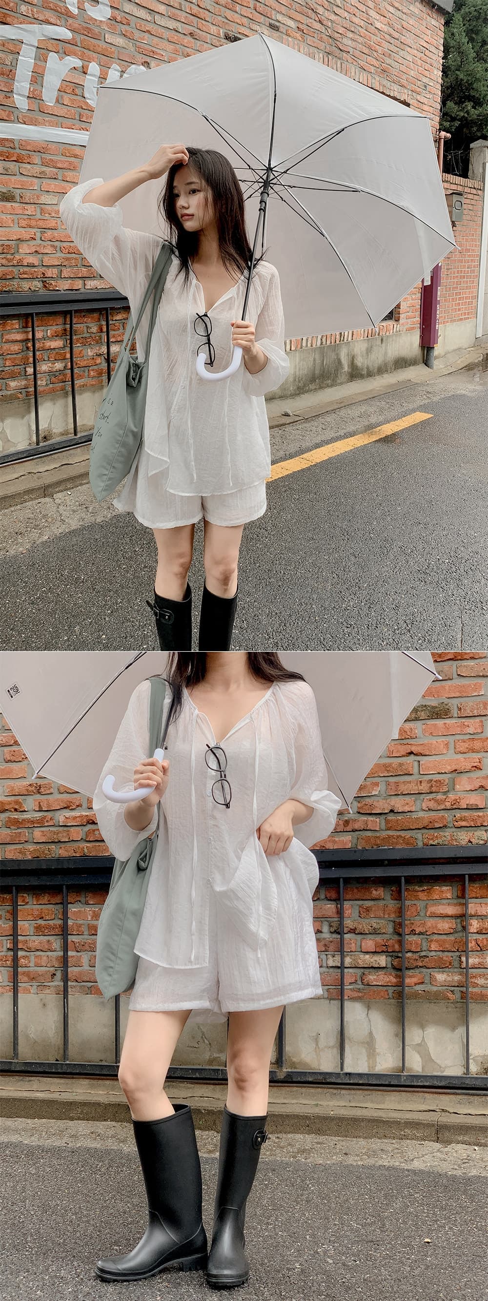 chic 한 부서 이른 가을 프랑스식 캐주얼 느긋한 긴팔 셔츠 맨위 패션 미니멀리즘 반바지 세트 투피스 세트 상세 이미지 11