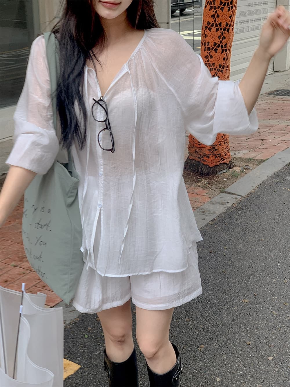 chic 한 부서 이른 가을 프랑스식 캐주얼 느긋한 긴팔 셔츠 맨위 패션 미니멀리즘 반바지 세트 투피스 세트 상세 이미지 12