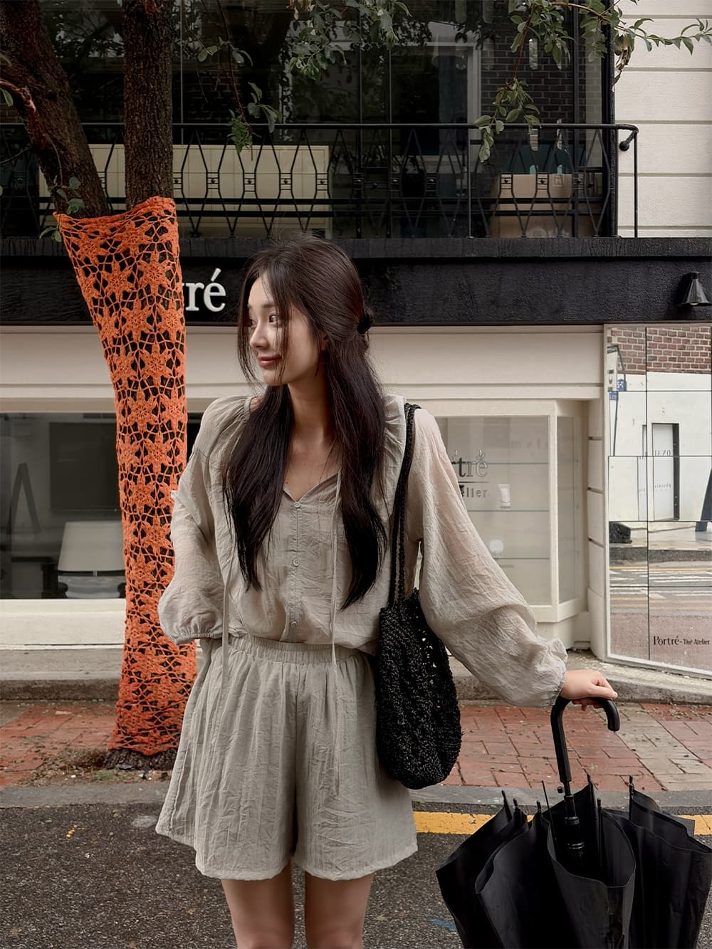 chic 한 부서 이른 가을 프랑스식 캐주얼 느긋한 긴팔 셔츠 맨위 패션 미니멀리즘 반바지 세트 투피스 세트 상세 이미지 22