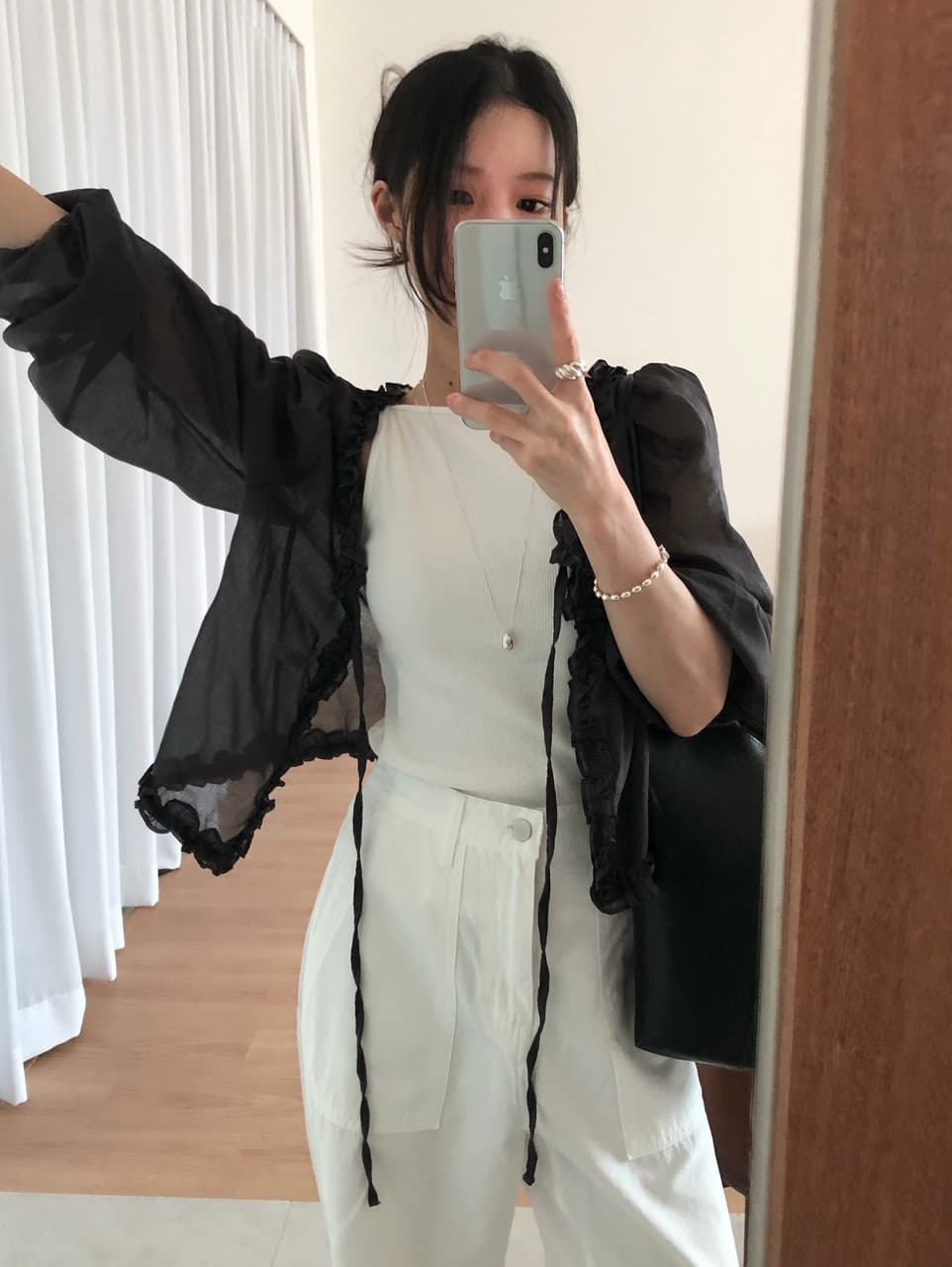 ins 한 부서 여름 프랑스식 프릴 연령 감소 부드러운 오픈 가디건 레이스업 얇은 스타일 거품 소매 다용도 셔츠 맨위 이미지 3