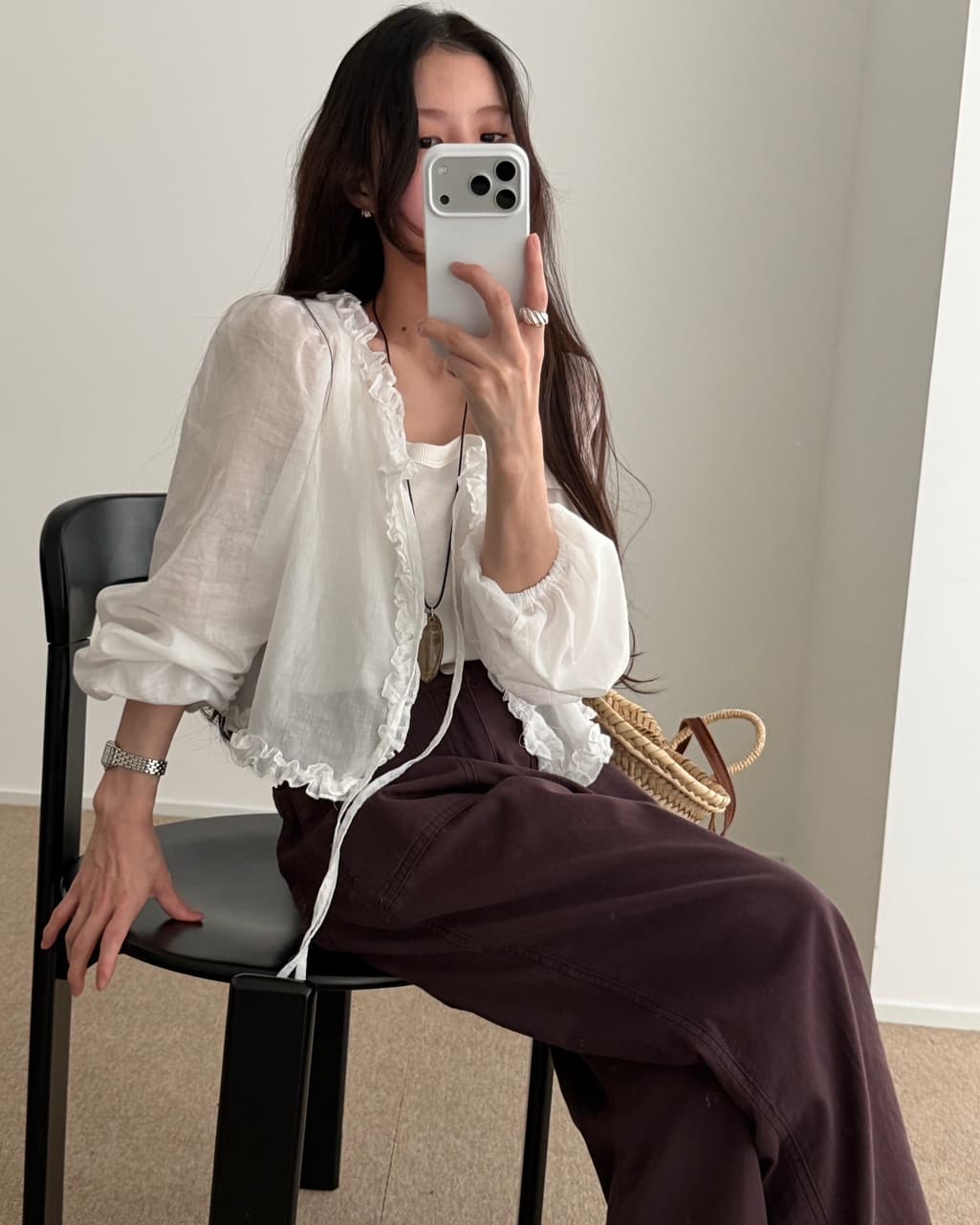 ins 한 부서 여름 프랑스식 프릴 연령 감소 부드러운 오픈 가디건 레이스업 얇은 스타일 거품 소매 다용도 셔츠 맨위 이미지 4