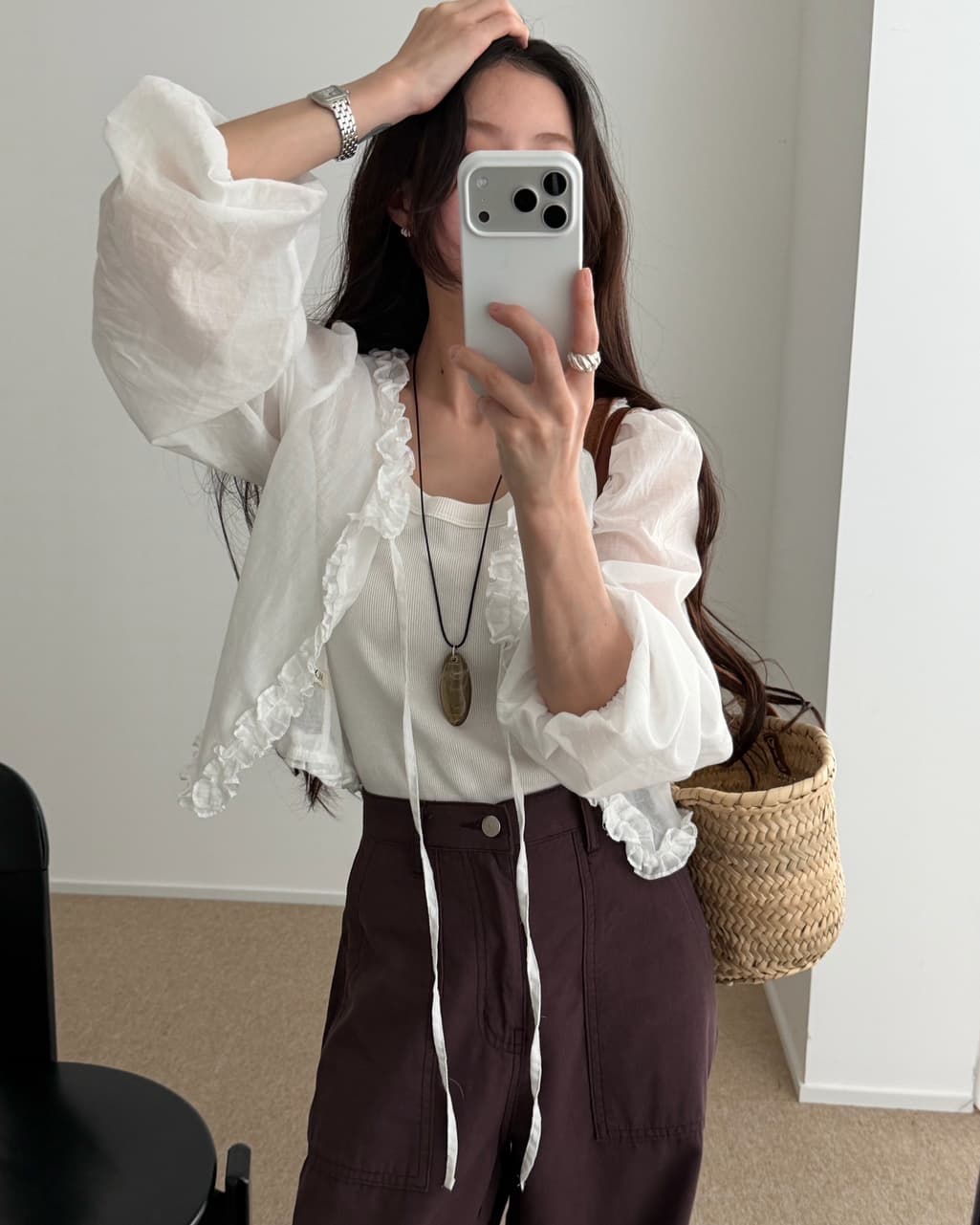 ins 한 부서 여름 프랑스식 프릴 연령 감소 부드러운 오픈 가디건 레이스업 얇은 스타일 거품 소매 다용도 셔츠 맨위 상세 이미지 1