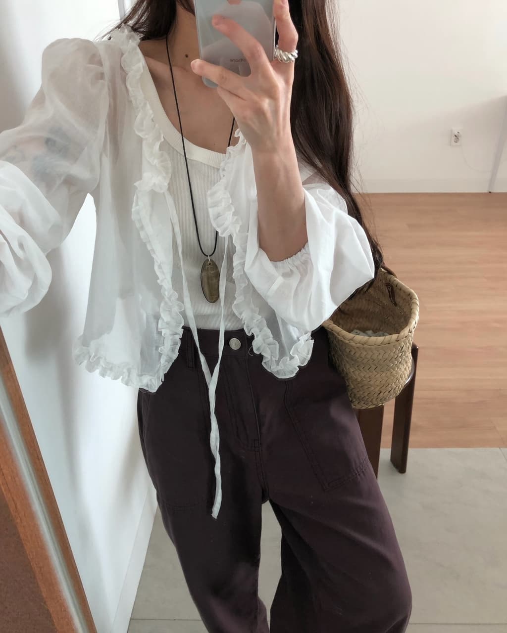 ins 한 부서 여름 프랑스식 프릴 연령 감소 부드러운 오픈 가디건 레이스업 얇은 스타일 거품 소매 다용도 셔츠 맨위 상세 이미지 9
