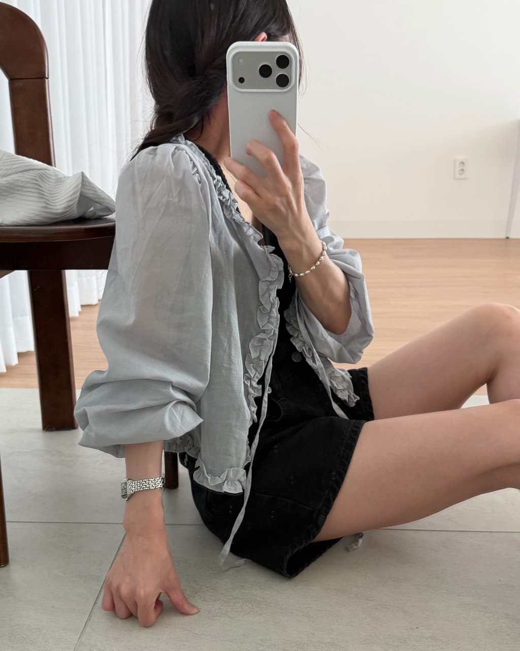 ins 한 부서 여름 프랑스식 프릴 연령 감소 부드러운 오픈 가디건 레이스업 얇은 스타일 거품 소매 다용도 셔츠 맨위 상세 이미지 23