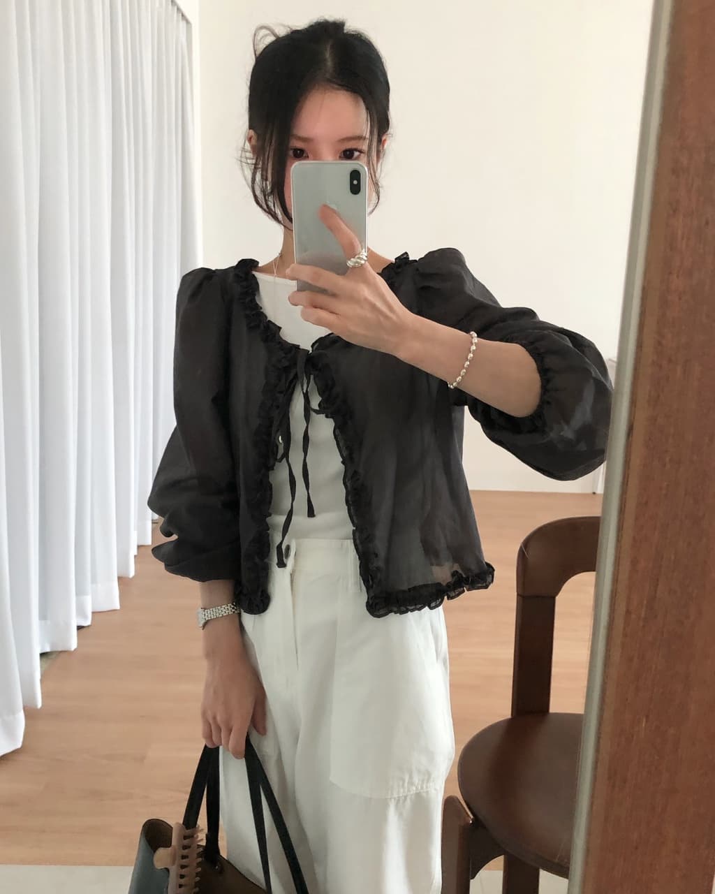 ins 한 부서 여름 프랑스식 프릴 연령 감소 부드러운 오픈 가디건 레이스업 얇은 스타일 거품 소매 다용도 셔츠 맨위 상세 이미지 27