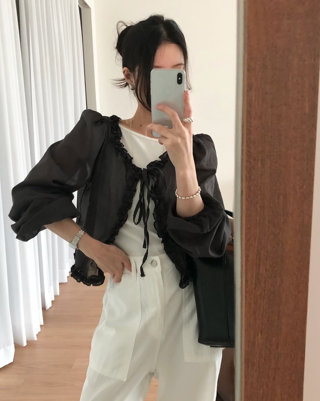 ins 한 부서 여름 프랑스식 프릴 연령 감소 부드러운 오픈 가디건 레이스업 얇은 스타일 거품 소매 다용도 셔츠 맨위 상세 이미지 30