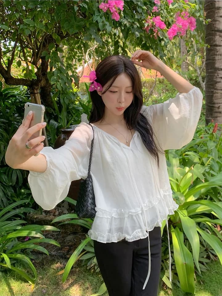 chic 한 부서 이른 가을 프랑스식 부드러운 패션 연령 감소 프릴 레이스업 루즈핏 느긋한 긴팔 셔츠 맨위 이미지 2