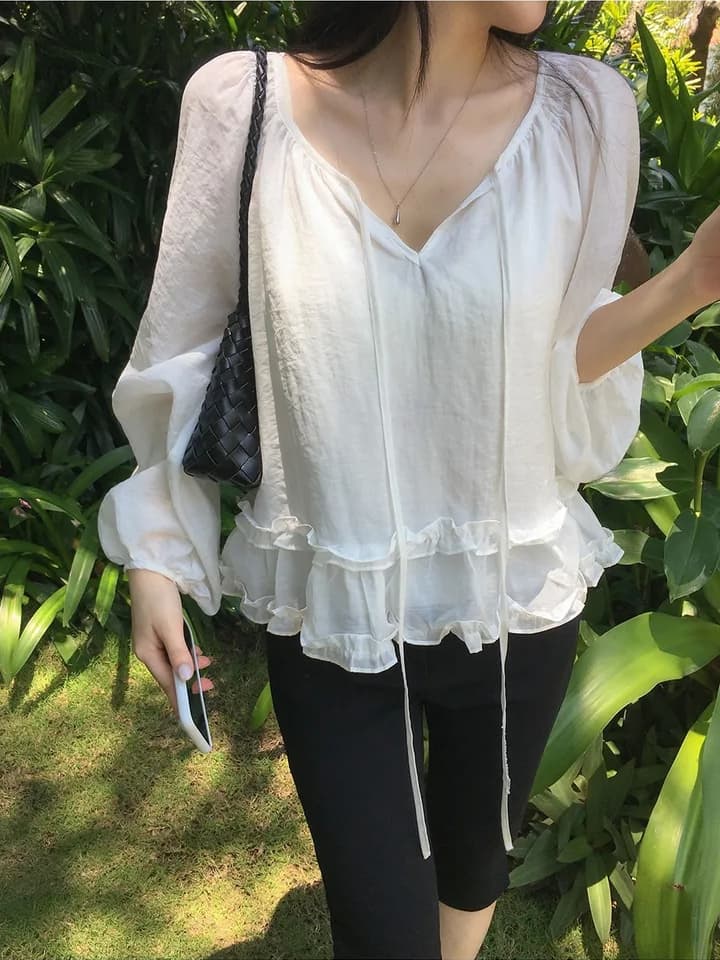 chic 한 부서 이른 가을 프랑스식 부드러운 패션 연령 감소 프릴 레이스업 루즈핏 느긋한 긴팔 셔츠 맨위 상세 이미지 4