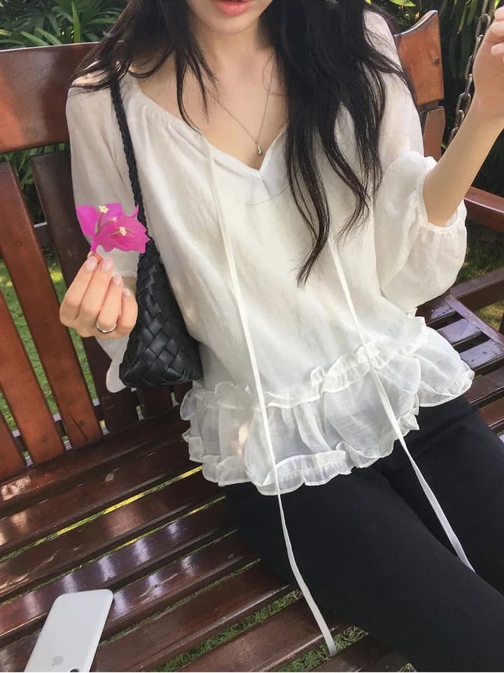 chic 한 부서 이른 가을 프랑스식 부드러운 패션 연령 감소 프릴 레이스업 루즈핏 느긋한 긴팔 셔츠 맨위 상세 이미지 5