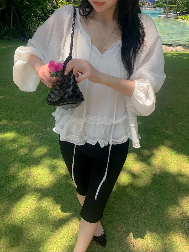 chic 한 부서 이른 가을 프랑스식 부드러운 패션 연령 감소 프릴 레이스업 루즈핏 느긋한 긴팔 셔츠 맨위 상세 이미지 11