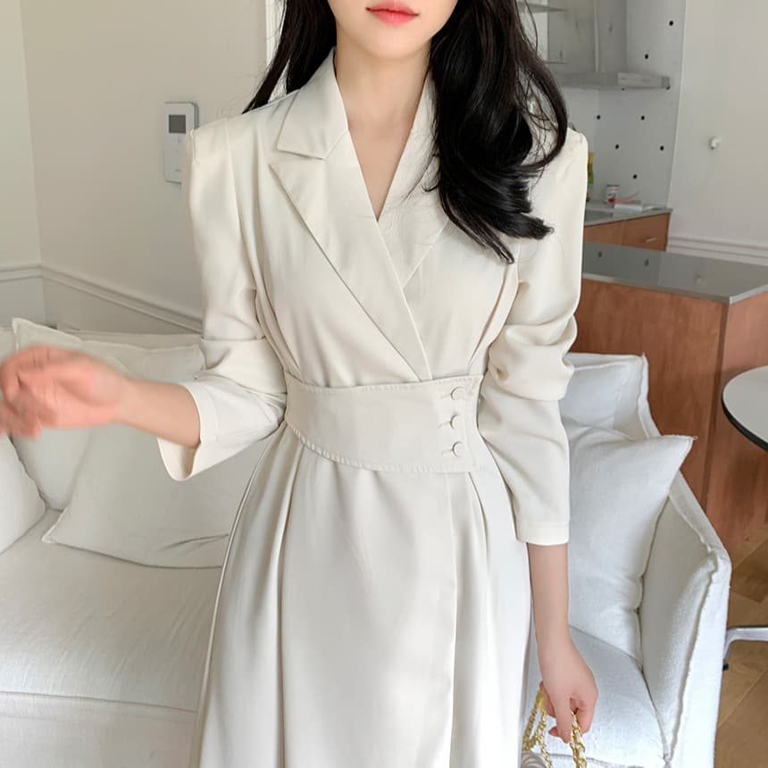 한국 chic 가을 프랑스식 빛 럭셔리 그는 벤 바람 품격 폴로 칼라 허리 수축 슬림해 보이는 중간 길이 정장 드레스 이미지 3