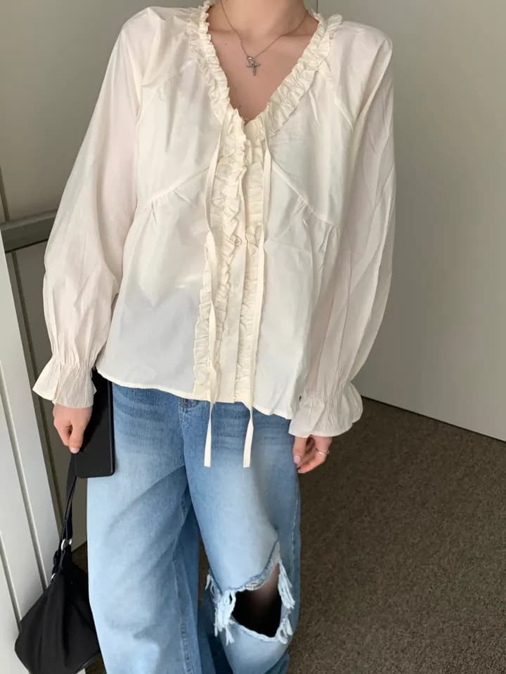 chic 한 부서 이른 가을 부드러운 연령 감소 패션 목이버섯 레이스 V넥 나비 매듭 긴팔 Chic 셔츠 맨위