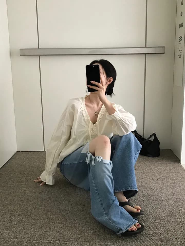 chic 한 부서 이른 가을 부드러운 연령 감소 패션 목이버섯 레이스 V넥 나비 매듭 긴팔 Chic 셔츠 맨위 상세 이미지 1