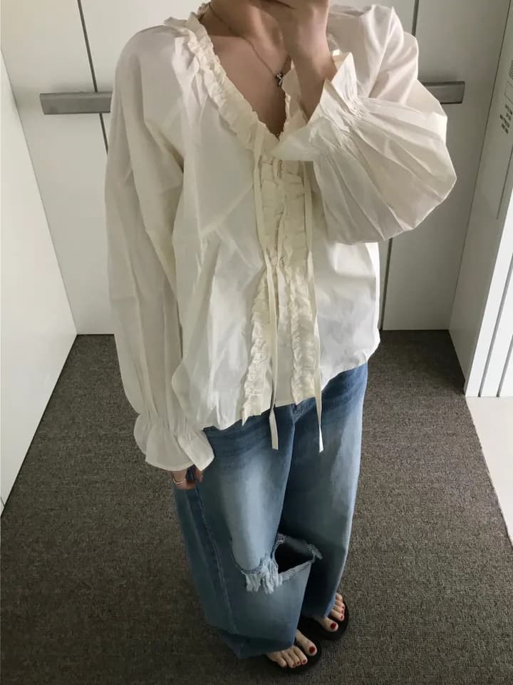 chic 한 부서 이른 가을 부드러운 연령 감소 패션 목이버섯 레이스 V넥 나비 매듭 긴팔 Chic 셔츠 맨위 상세 이미지 2