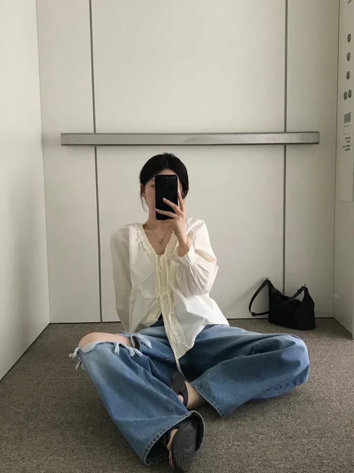 chic 한 부서 이른 가을 부드러운 연령 감소 패션 목이버섯 레이스 V넥 나비 매듭 긴팔 Chic 셔츠 맨위 상세 이미지 5