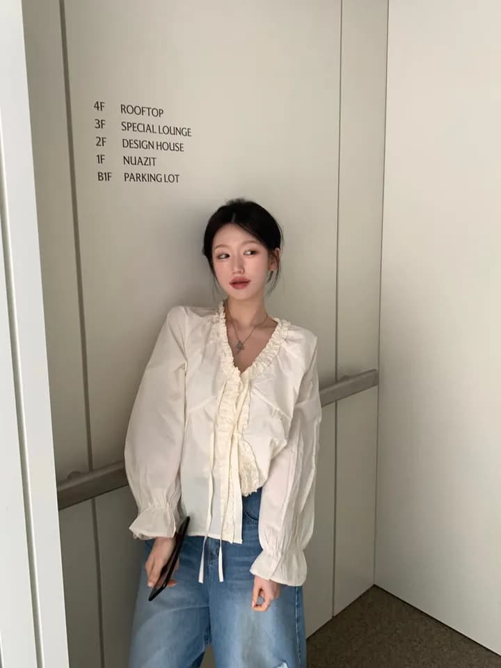chic 한 부서 이른 가을 부드러운 연령 감소 패션 목이버섯 레이스 V넥 나비 매듭 긴팔 Chic 셔츠 맨위 상세 이미지 8