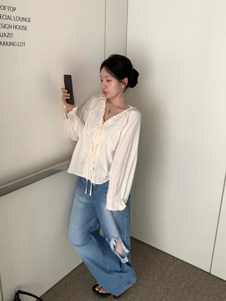 chic 한 부서 이른 가을 부드러운 연령 감소 패션 목이버섯 레이스 V넥 나비 매듭 긴팔 Chic 셔츠 맨위 상세 이미지 9