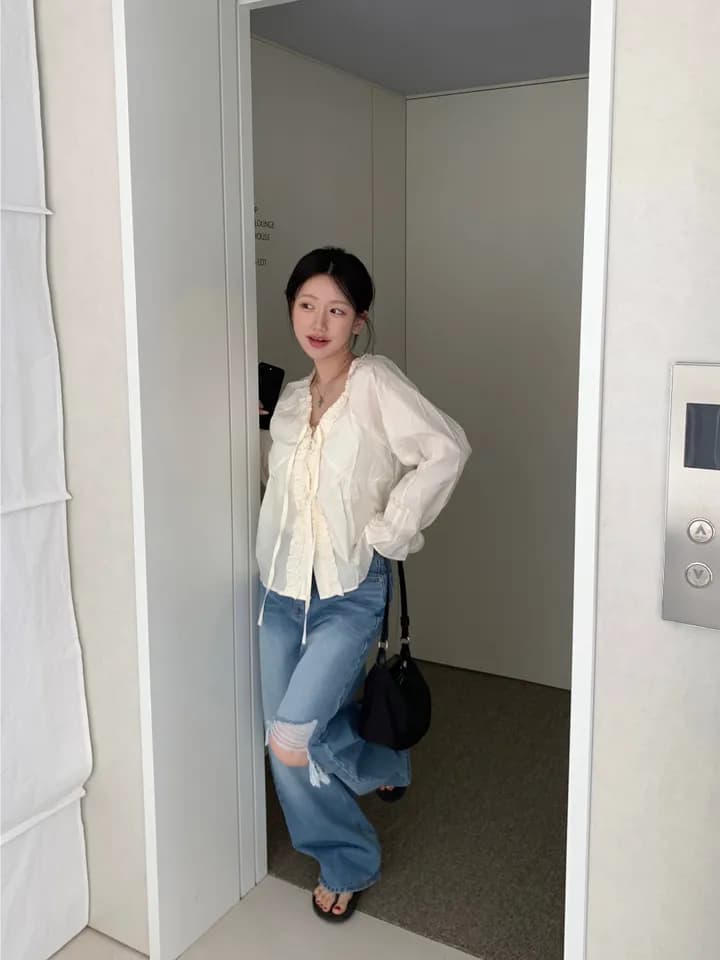 chic 한 부서 이른 가을 부드러운 연령 감소 패션 목이버섯 레이스 V넥 나비 매듭 긴팔 Chic 셔츠 맨위 상세 이미지 11