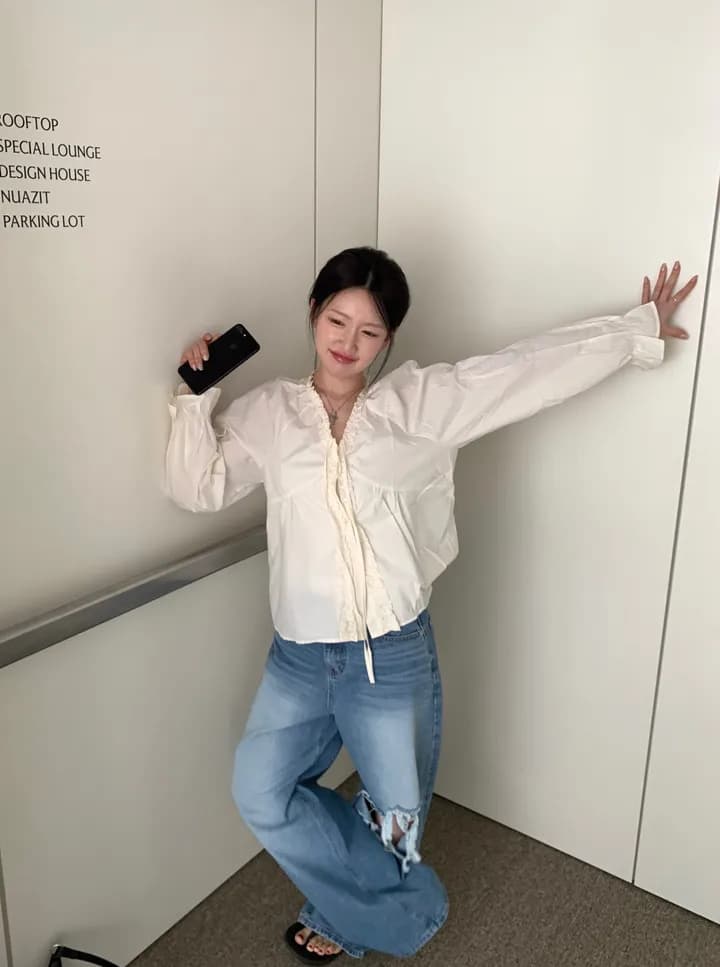 chic 한 부서 이른 가을 부드러운 연령 감소 패션 목이버섯 레이스 V넥 나비 매듭 긴팔 Chic 셔츠 맨위 상세 이미지 12