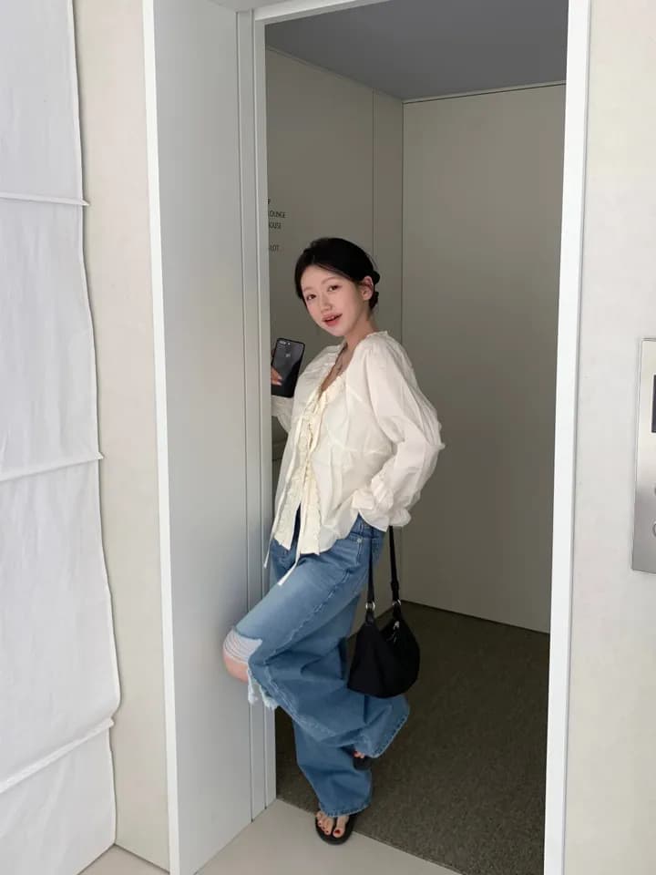 chic 한 부서 이른 가을 부드러운 연령 감소 패션 목이버섯 레이스 V넥 나비 매듭 긴팔 Chic 셔츠 맨위 상세 이미지 14