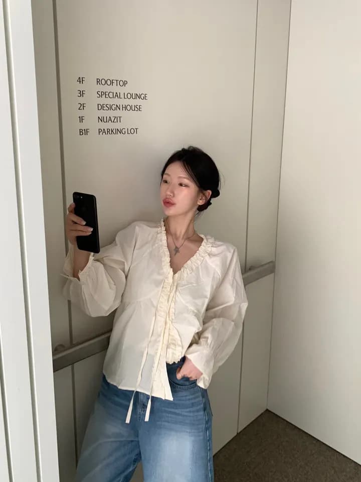 chic 한 부서 이른 가을 부드러운 연령 감소 패션 목이버섯 레이스 V넥 나비 매듭 긴팔 Chic 셔츠 맨위 상세 이미지 15
