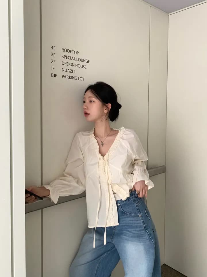 chic 한 부서 이른 가을 부드러운 연령 감소 패션 목이버섯 레이스 V넥 나비 매듭 긴팔 Chic 셔츠 맨위 상세 이미지 17