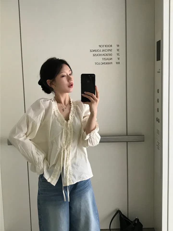 chic 한 부서 이른 가을 부드러운 연령 감소 패션 목이버섯 레이스 V넥 나비 매듭 긴팔 Chic 셔츠 맨위 상세 이미지 18