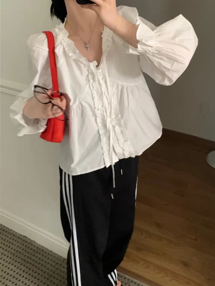 chic 한 부서 이른 가을 부드러운 연령 감소 패션 목이버섯 레이스 V넥 나비 매듭 긴팔 Chic 셔츠 맨위 상세 이미지 27