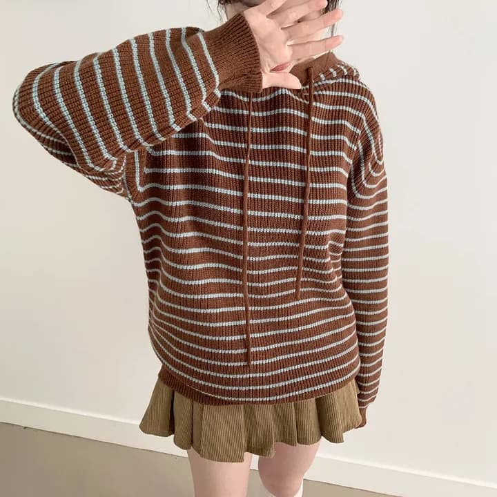 chic 한 부서 가을 겨울 새로운 레트로 느긋한 캐주얼 후드 루즈핏 스트라이프 다용도 니트 스웨터 스웨터 후드티 이미지 2