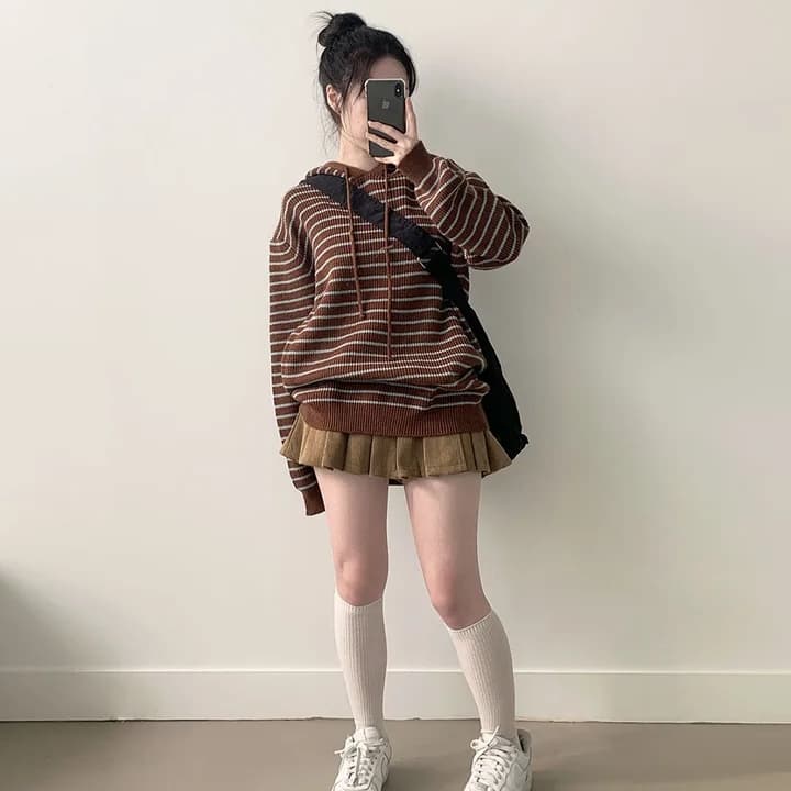 chic 한 부서 가을 겨울 새로운 레트로 느긋한 캐주얼 후드 루즈핏 스트라이프 다용도 니트 스웨터 스웨터 후드티 이미지 3
