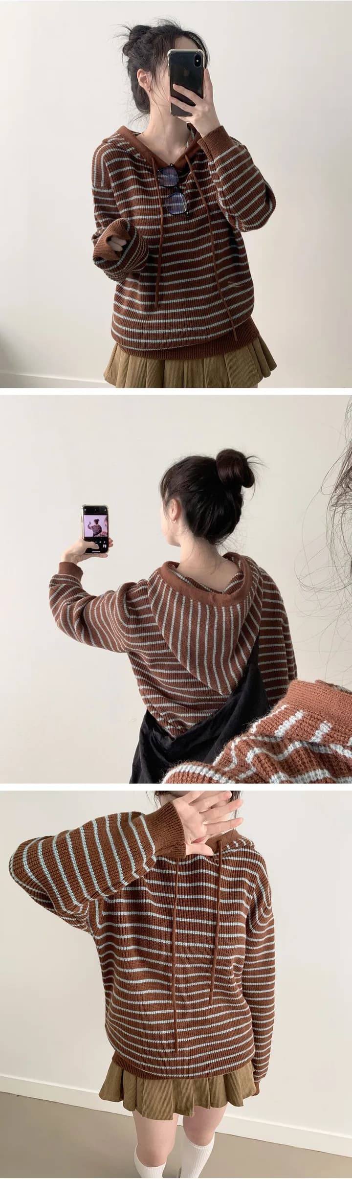 chic 한 부서 가을 겨울 새로운 레트로 느긋한 캐주얼 후드 루즈핏 스트라이프 다용도 니트 스웨터 스웨터 후드티 상세 이미지 2