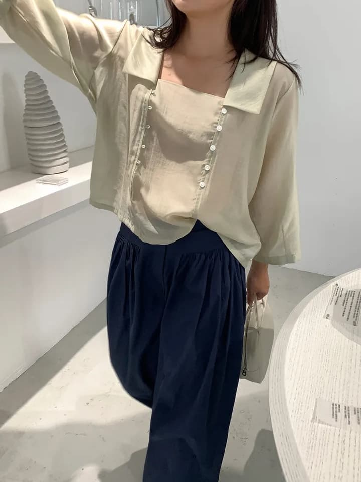 chic 한 부서 이른 가을 프랑스식 작은 대중 디자인 센스 폴로 칼라 싱글 줄 버튼 품격 얇은 스타일 다용도 셔츠 맨위 이미지 4