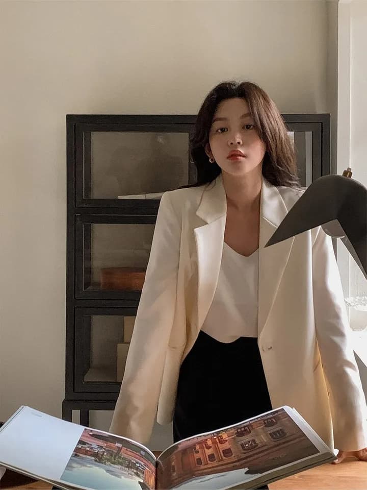 ins 한국 스타일 가을 프랑스식 품격 정장 칼라 단추 한 알 미니멀리즘 레트로 루즈핏 캐주얼 출퇴근 블레이저