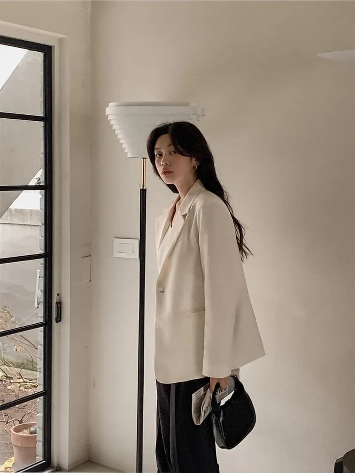 ins 한국 스타일 가을 프랑스식 품격 정장 칼라 단추 한 알 미니멀리즘 레트로 루즈핏 캐주얼 출퇴근 블레이저 상세 이미지 14