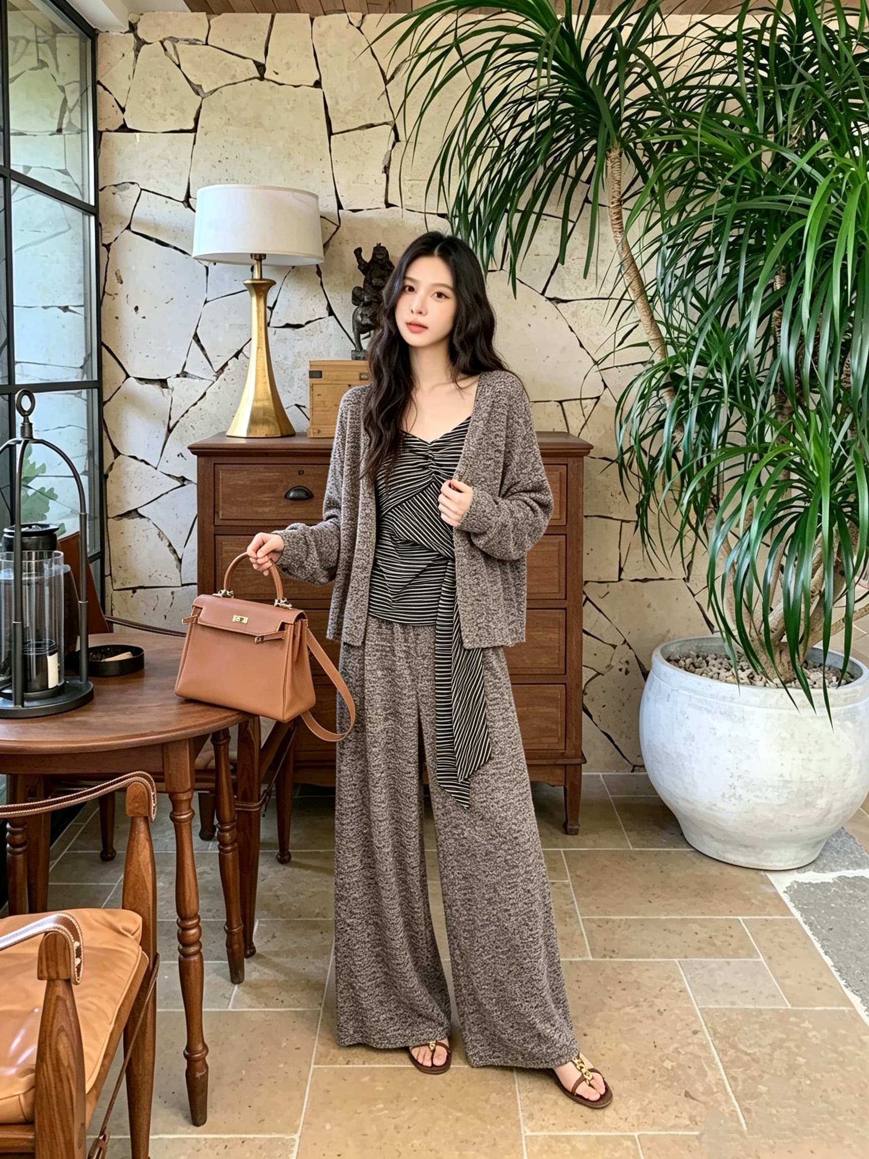 ins 한 부서 가을 불규칙 스트라이프 조끼 다용도 오픈 가디건 캐주얼 긴 바지 느긋한 패션 3종 세트 세트 상세 이미지 8