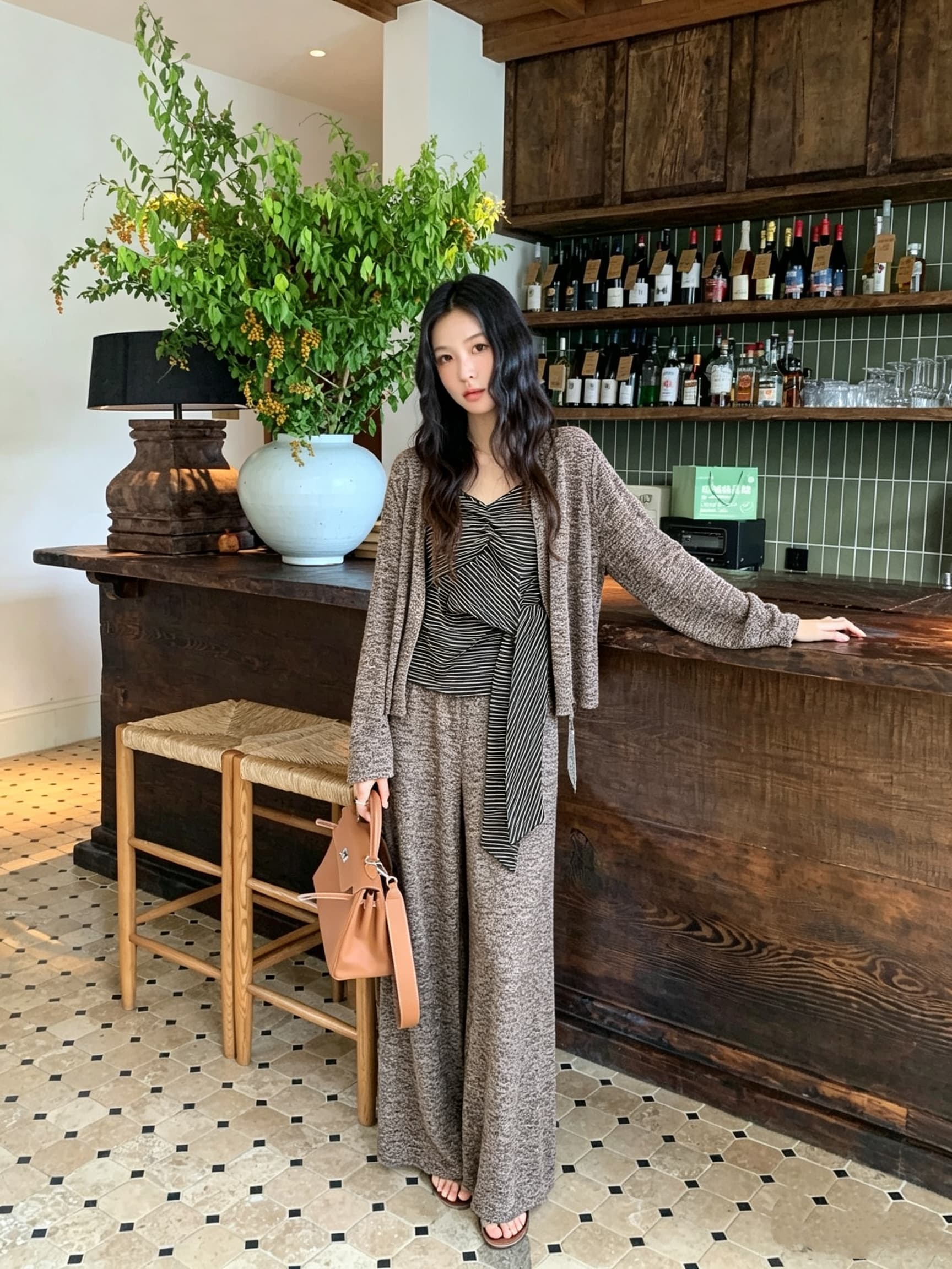 ins 한 부서 가을 불규칙 스트라이프 조끼 다용도 오픈 가디건 캐주얼 긴 바지 느긋한 패션 3종 세트 세트 상세 이미지 9