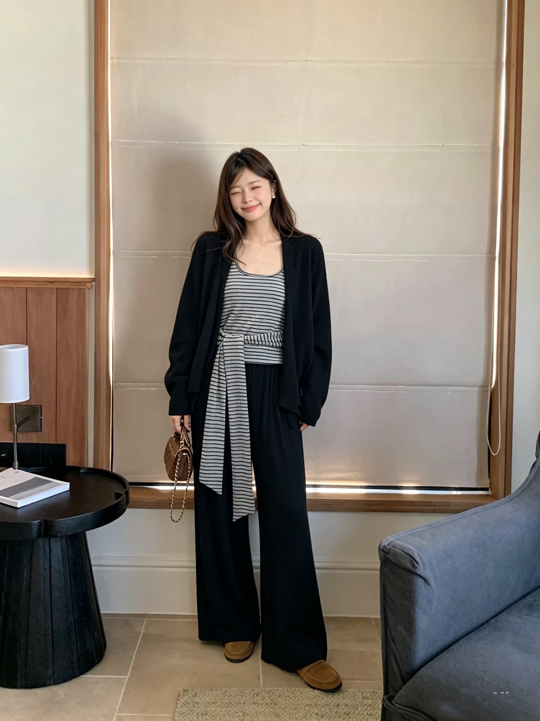 ins 한 부서 가을 느긋한 스트라이프 레이스업 조끼 작은 대중 오픈 가디건 캐주얼 다용도 긴 바지 패션 세 조각 세트 이미지 3