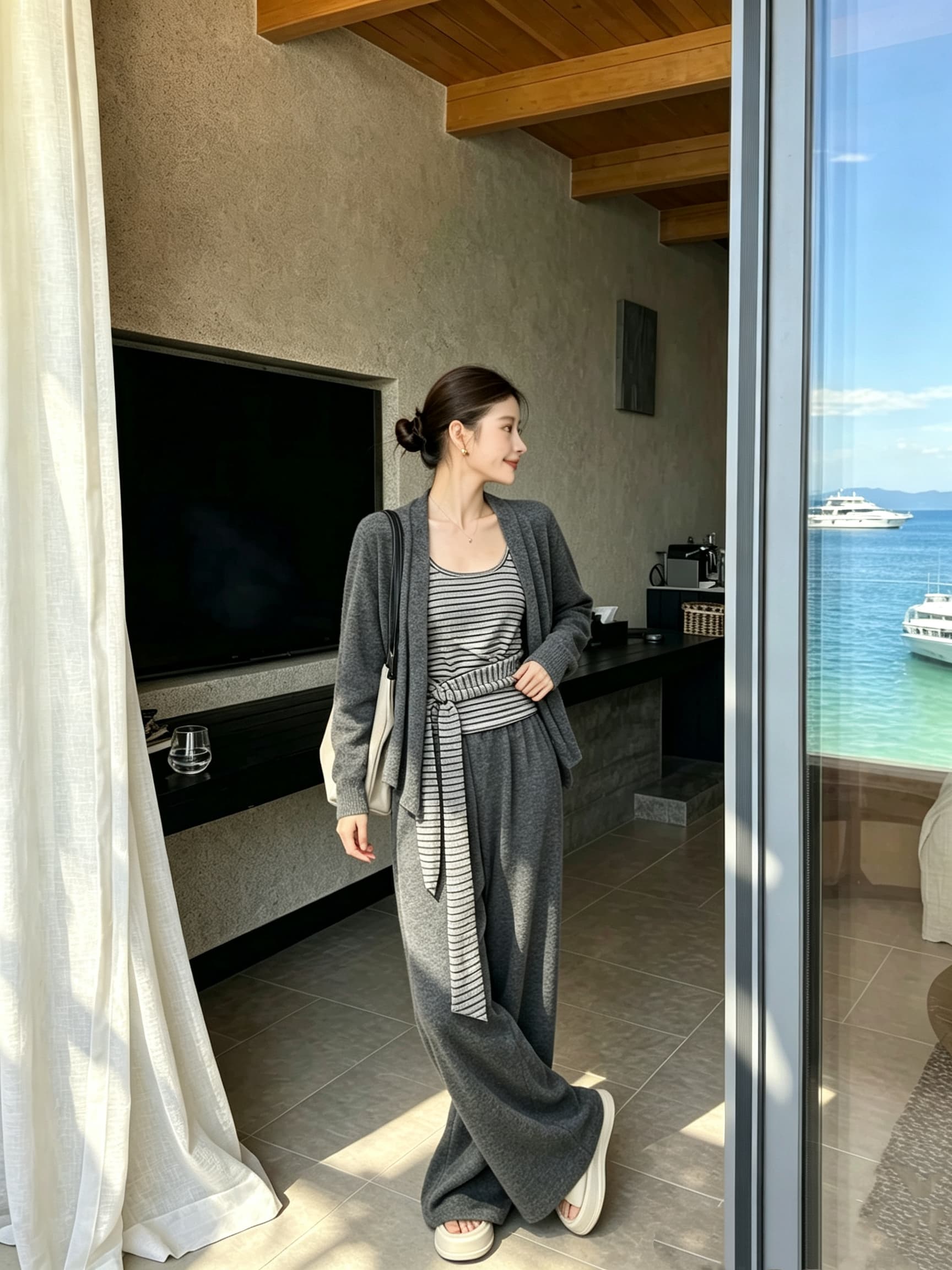 ins 한 부서 가을 느긋한 스트라이프 레이스업 조끼 작은 대중 오픈 가디건 캐주얼 다용도 긴 바지 패션 세 조각 세트 상세 이미지 3