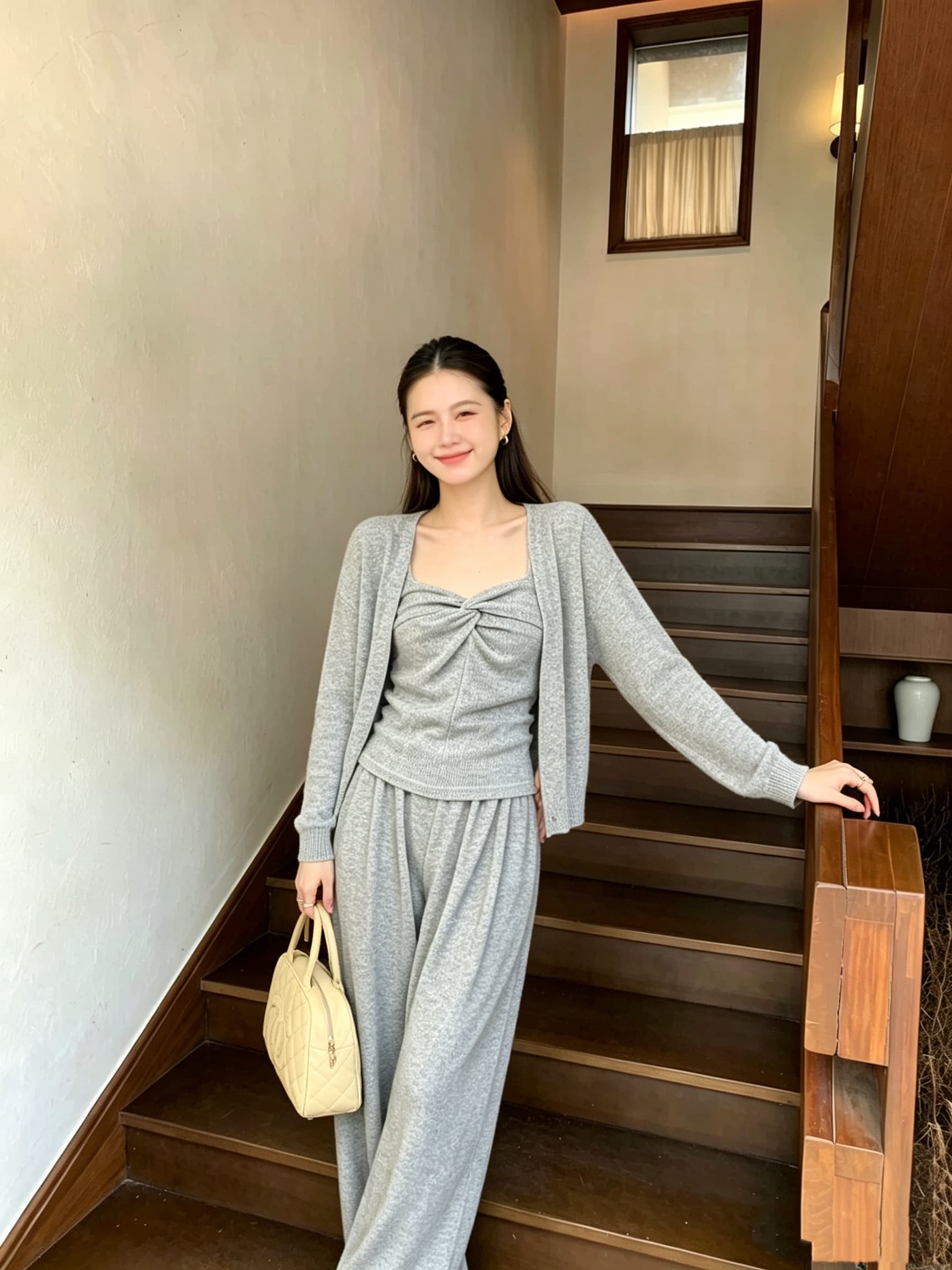 ins 한 부서 가을 달콤함 비틀림 작은 대중 조끼 미니멀리즘 오픈 가디건 캐주얼 다용도 긴 바지 패션 세 조각 세트 상세 이미지 1