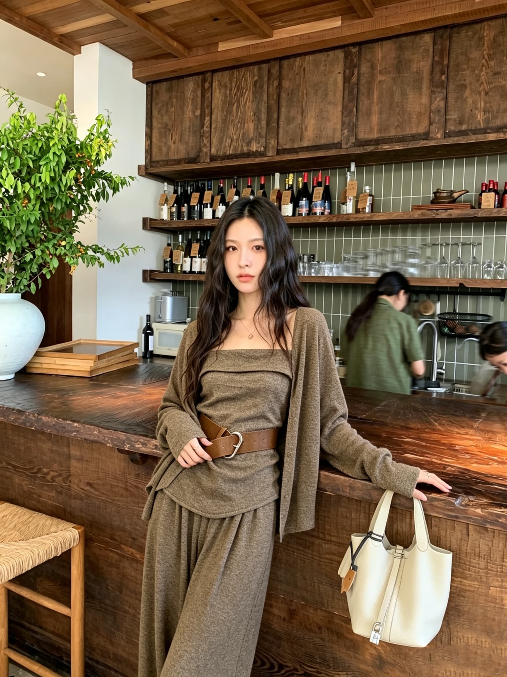 ins 한 부서 가을 품격 작은 대중 슬립 미니멀리즘 오픈 가디건 캐주얼 긴 바지 느긋한 3종 세트 세트 벨트 포함 상세 이미지 1