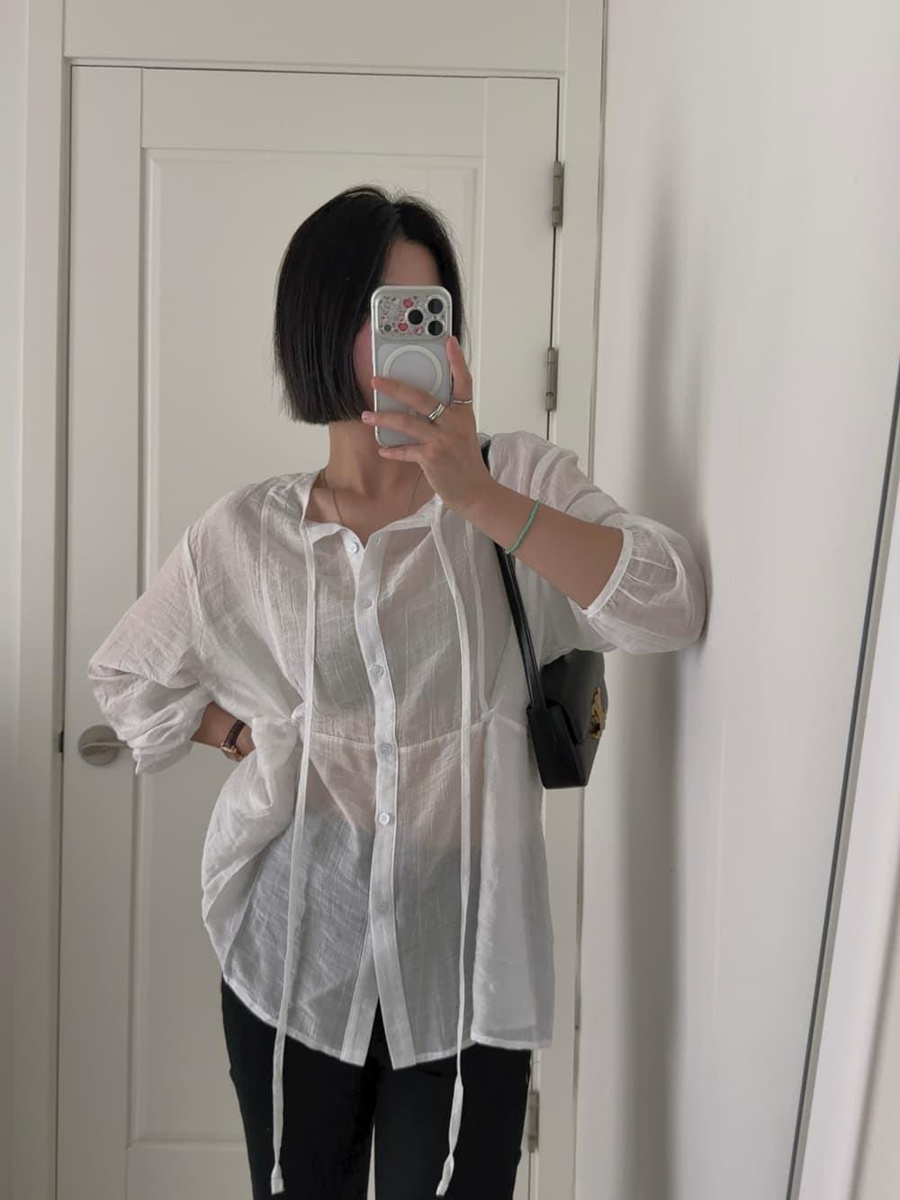 chic 한국 이른 가을 프랑스식 미니멀리즘 단추 레이스업 느긋한 루즈핏 긴팔 얇은 스타일 다용도 셔츠 맨위 상세 이미지 15