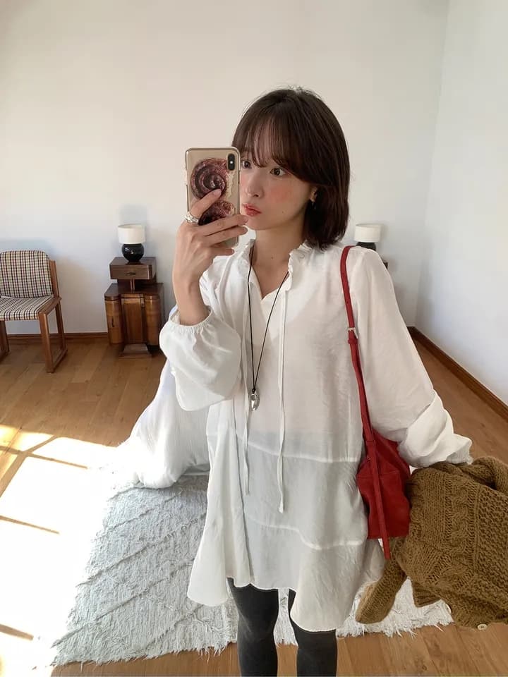 chic 한 부서 이른 가을 프랑스식 부드러운 연령 감소 프릴 레이스업 루즈핏 느긋한 다용도 긴팔 셔츠 맨위 상세 이미지 1