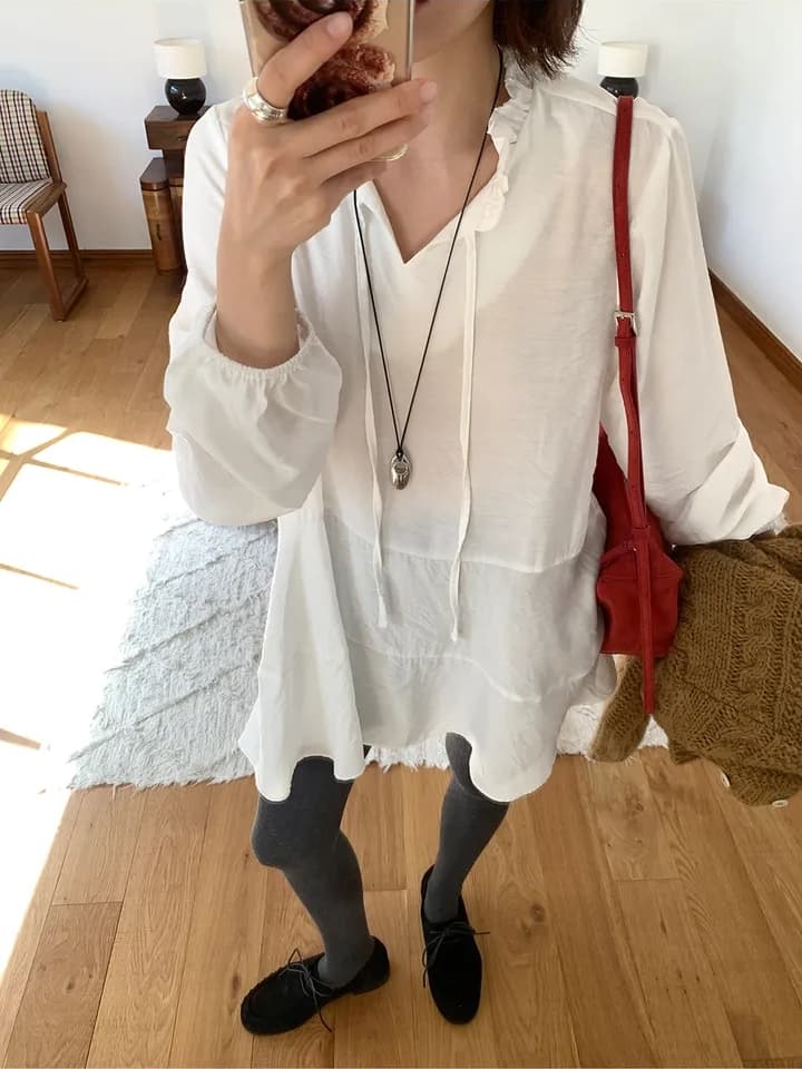 chic 한 부서 이른 가을 프랑스식 부드러운 연령 감소 프릴 레이스업 루즈핏 느긋한 다용도 긴팔 셔츠 맨위 상세 이미지 2