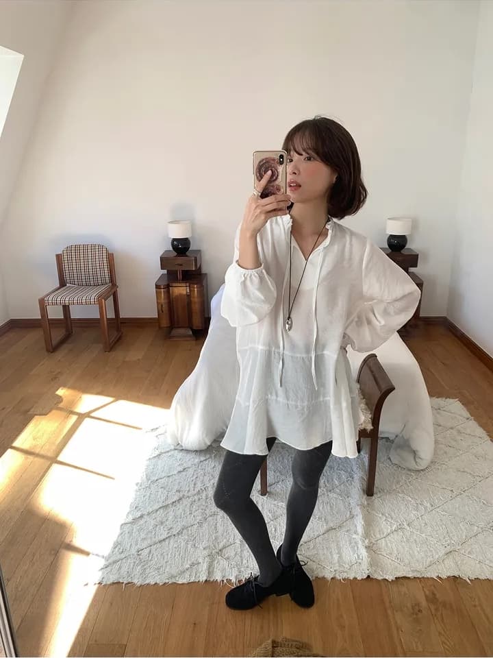 chic 한 부서 이른 가을 프랑스식 부드러운 연령 감소 프릴 레이스업 루즈핏 느긋한 다용도 긴팔 셔츠 맨위 상세 이미지 7
