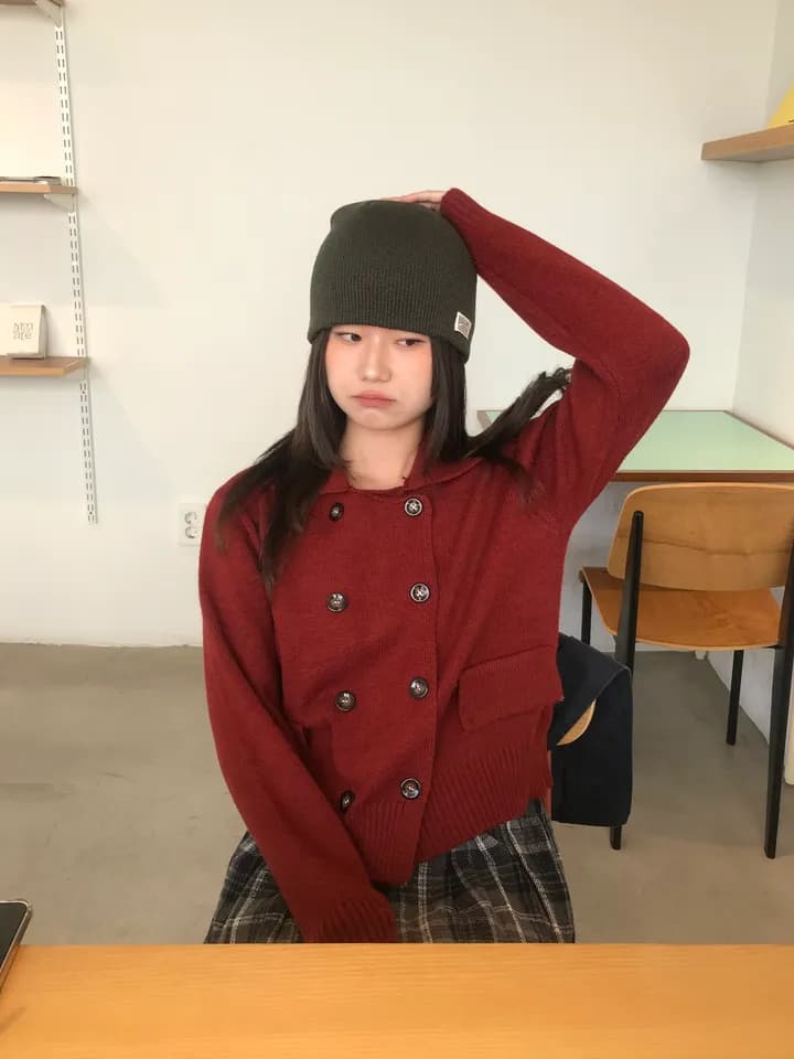 chic 한 부서 가을 겨울 레트로 영국식 이중 버튼 폴로 칼라 패션 연령 감소 쇼트 스타일 니트 스웨터 스웨터 코트 상세 이미지 9